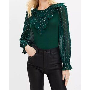 Ann Taylor LOFT Green Shimmer Dot Ruffle Yoke Mixed Media Top S NWT